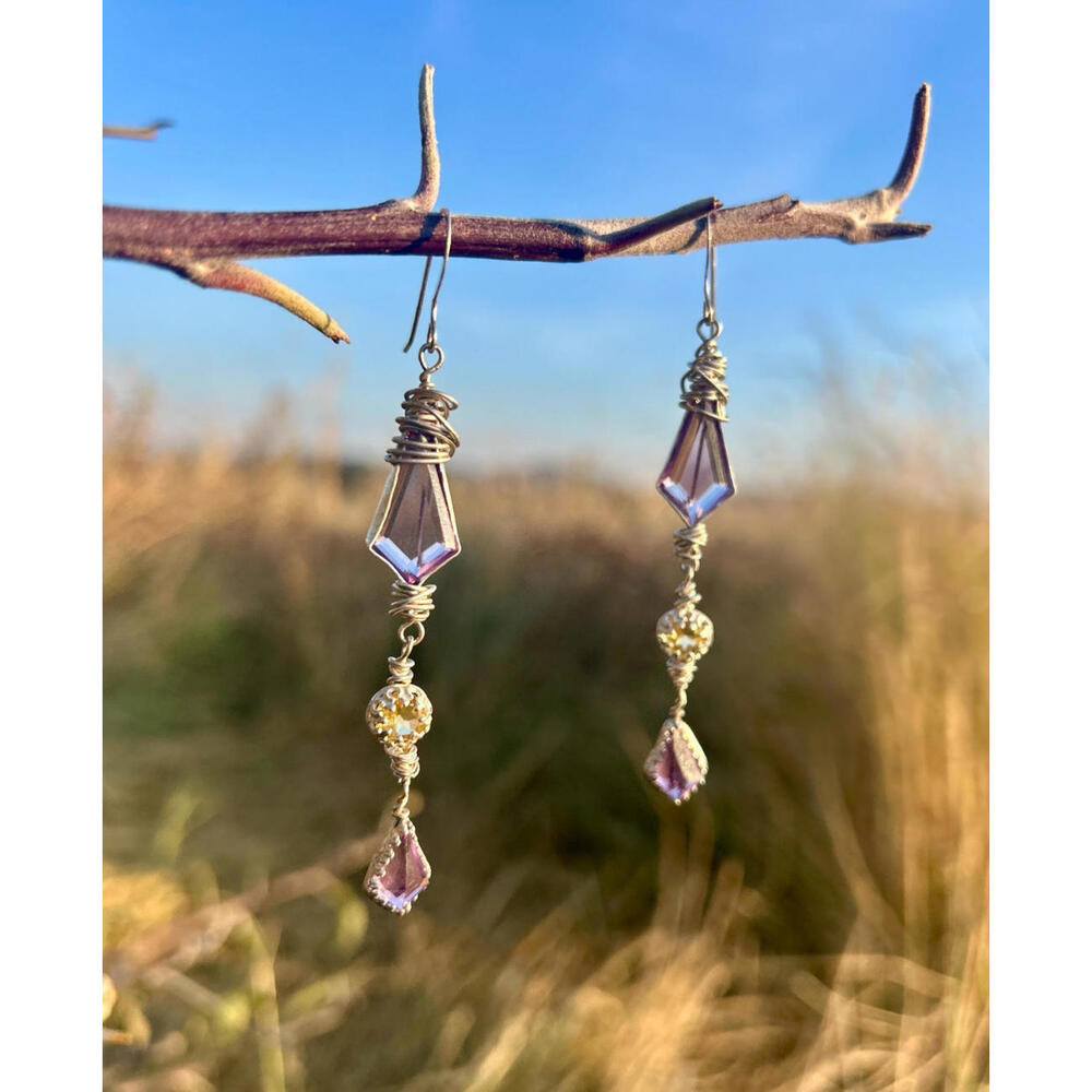 Handmade Sterling Silver Dangle Earrings – Amethyst, Citrine, Hydro Quartz- Boho